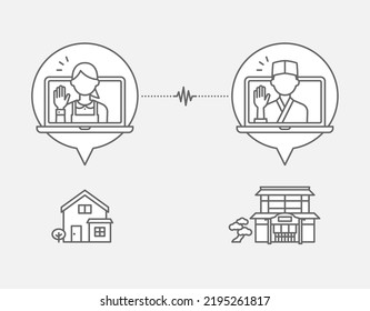 Line drawing icon of a woman taking an online cooking class lesson at home and a Japanese food cooking teacher
