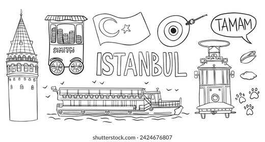 
Line drawing of iconic Istanbul symbols: Galata Tower, tram, ferry, Turkish flag, simit cart, and "Tamam" speech bubble.