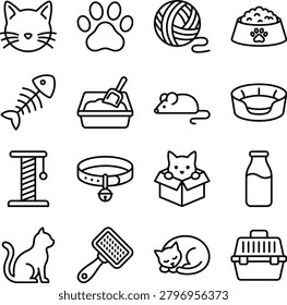 Line drawing icons of cat and accessories on white background