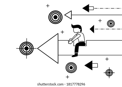 Line drawing idea businessman sitting on an arrow pointing towards a goal