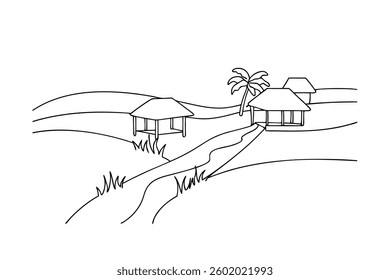 Line drawing of idyllic rice paddies, featuring simple huts, a palm tree, and a meandering stream. Peaceful rural scene. Simple style.