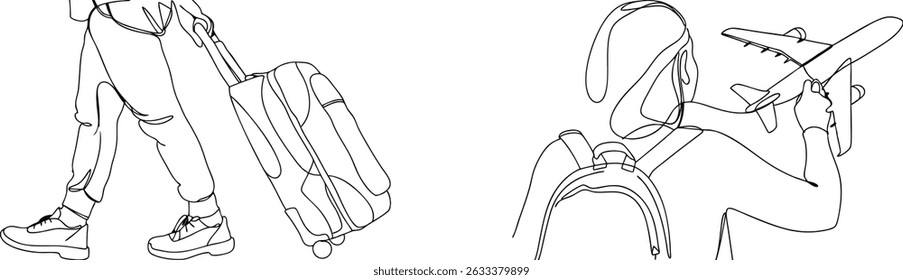 Line drawing illustrating travel theme featuring a traveler with luggage and airplane