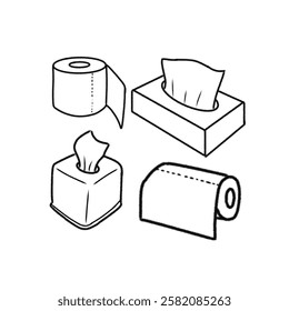 Line drawing illustrating various paper product items, including tissue boxes and toilet paper.