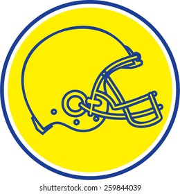 Line drawing illustration of an american football helmet viewed from the side set inside circle done in retro style. 