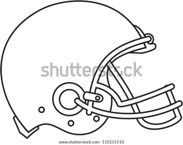 Line drawing illustration\
of an american football helmet viewed from the side done in black\
and white.