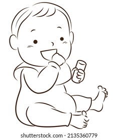 Line drawing illustration of a baby sitting with a smile