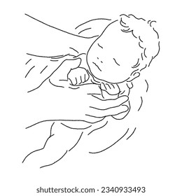 Line drawing illustration of bathing a newborn