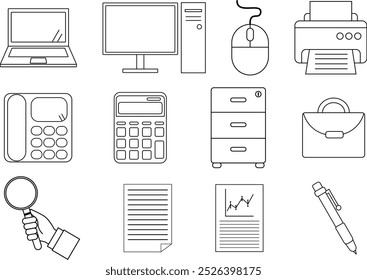 Ilustração de desenho de linha do conjunto de ícones de suprimentos de escritório