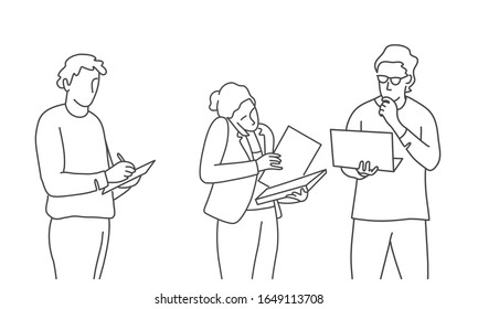 Line drawing illustration of business people writing, talking on mobile phone, using laptop.