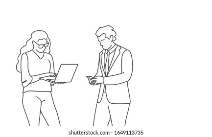 Line drawing illustration of business people. Woman using laptop. Man with mobile phone.