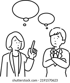 Line drawing illustration of a business person having a conversation.