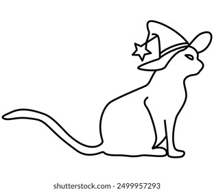 Line drawing illustration of a cat in a hat, Halloween design