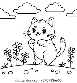 Dibujo de línea con una ilustración de un gato jugando en un hermoso jardín de flores. Los niños practican aprender a dibujar