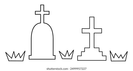 Line drawing illustration of cemetery, grave with cross design