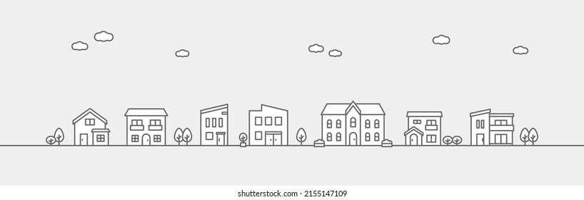 Line drawing illustration of the cityscape where houses are lined up