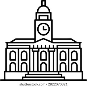 Line Drawing Illustration Of Clock Tower On Classic Building Architecture