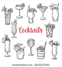 Line drawing illustration of cocktail drinks. Engraving collection. Black hand drawing set of cocktail drinks in vintage style isolated on white background.