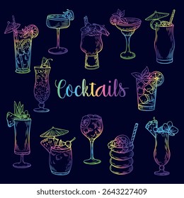 Line drawing illustration of cocktail drinks. Engraving collection. Colorful hand drawing set of cocktail drinks in vintage style isolated on blue background.