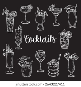 Line drawing illustration of cocktail drinks. Engraving collection. White hand drawing set of cocktail drinks in vintage style isolated on black background.