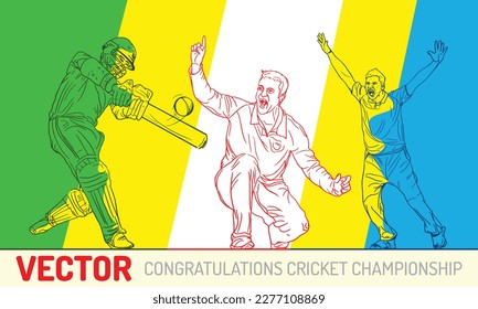 Line Drawing Illustration of cricket players of different participating countries players. Batsman and bowler cricket championship. White Background. Bangladesh Cricket. Line art Player. Vector Art.