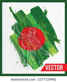 Line Drawing Illustration of cricket players of different participating countries players. Batsman and bowler cricket championship. White Background. Bangladesh Cricket. Red and Green Brush. Vector