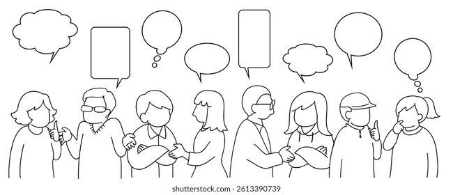 Line drawing illustration of different people talking