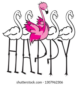 Line drawing illustration with five flamingos forming with their paws the word "Happy" on white background