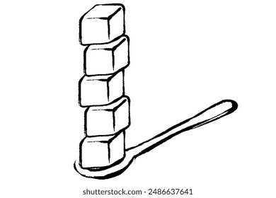 Line drawing illustration of five sugar cubes on a spoon