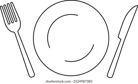 Desenho de linha ilustração de garfo, faca e placa