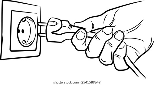 Line drawing illustration of a hand inserting an electrical plug into a socket or pulling a plug out of a socket	