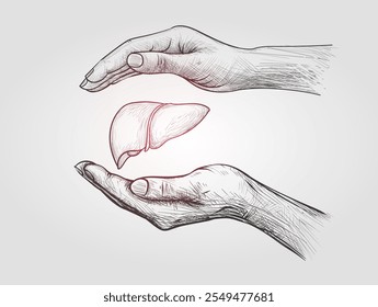 linha Desenho Ilustração de Mãos proteger o fígado humano. O conceito de um fígado saudável. linha Desenhando mãos segurando símbolo de fígado em fundo isolado. Proteção contra o conceito de doença hepática.