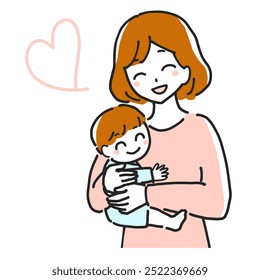 Ilustración de dibujo de línea de una madre feliz sosteniendo a su bebé con una sonrisa.