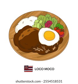 Line drawing illustration of Hawaiian cuisine Loco Moco