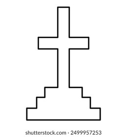 Line drawing illustration of headstone, grave with cross design