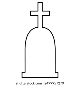 Line drawing illustration of headstone, grave with cross design