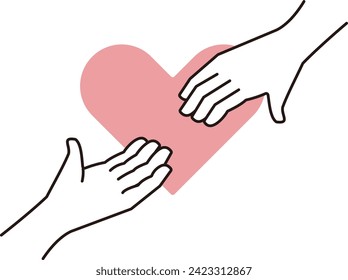 Line drawing illustration of a heart connecting with an outstretched hand - Image of cooperation, assistance, and rescue.