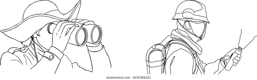 Desenho de linha ilustração de uma figura histórica com binóculos e um terno hazmat moderno