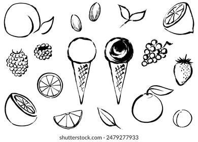 Line drawing illustration of ice cream and flavored fruits and nuts with brush touch