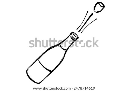 Line drawing illustration of an image of opening a bottle of champagne with a flying cork popping
