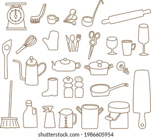 Line drawing illustration of kitchen tools