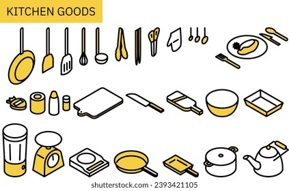 Line drawing illustration of kitchen utensils, simple isometric, Vector Illustration