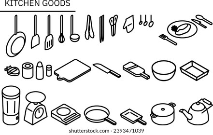 Line drawing illustration of kitchen utensils, simple isometric, Vector Illustration