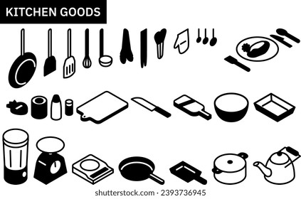 Line drawing illustration of kitchen utensils, simple isometric, Vector Illustration