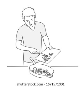 Line drawing illustration of man cooking at home.