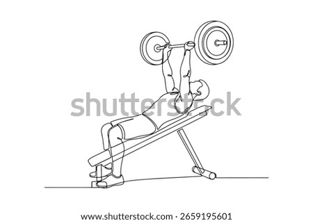 Line drawing illustration of a man doing a bench press exercise for strength training isolated on white background.