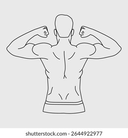 Desenho de linha ilustração de um homem flexionando seus músculos musculares das costas