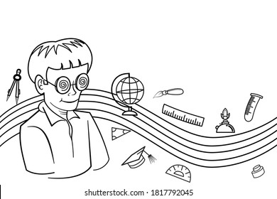 Line drawing illustration of a man wearing glasses with school supplies