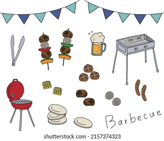 Line drawing illustration material set of barbecue supplies (color)