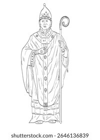 Ilustração de desenho de linha de um papa medieval, bispo de Roma, chefe da Igreja Católica, pontífice supremo, a Santa Sé, de pé com a mão estendida bênção visão frontal feita em preto e branco.