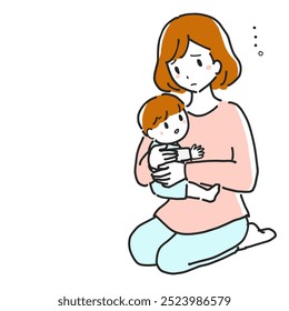 Line drawing illustration of a mother struggling with childcare while holding her baby.